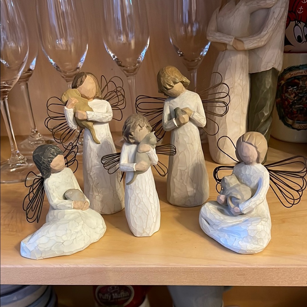 5 Willow Tree Angel Figurines Set for Animals lovers, pets collection